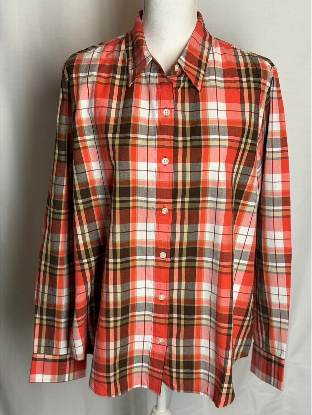 Jones New York Sport 100% Cotton Orange Plaid Button Long Sleeve Shirt NWT XL
